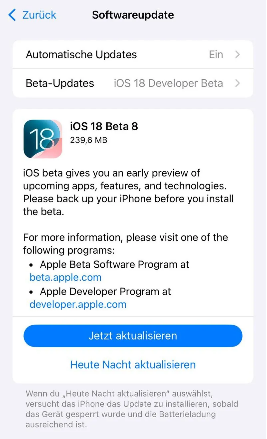 常山苹果手机维修分享苹果 iOS / iPadOS 18 开发者预览版 Beta 8 发布 